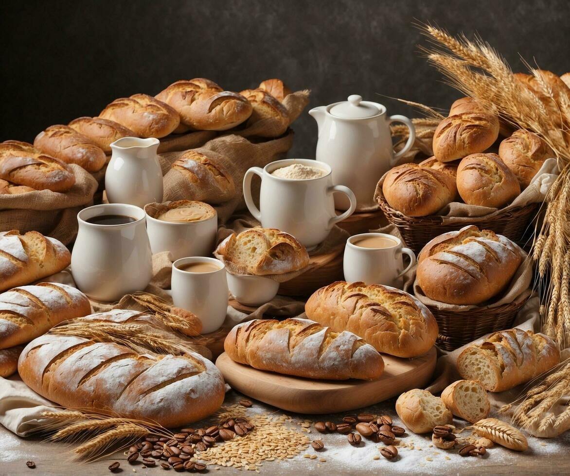 ai generiert Komposition mit Brot und Rollen, Milch und Kaffee auf dunkel Hintergrund foto