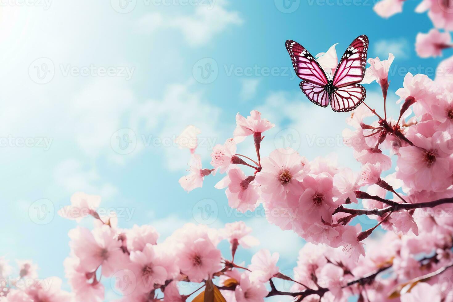 ai generiert blühen Kirsche gegen Hintergrund von Blau Himmel und Schmetterlinge auf Natur draußen. Rosa Sakura Blumen, verträumt romantisch Bild Frühling, Landschaft Panorama, Kopieren Raum foto