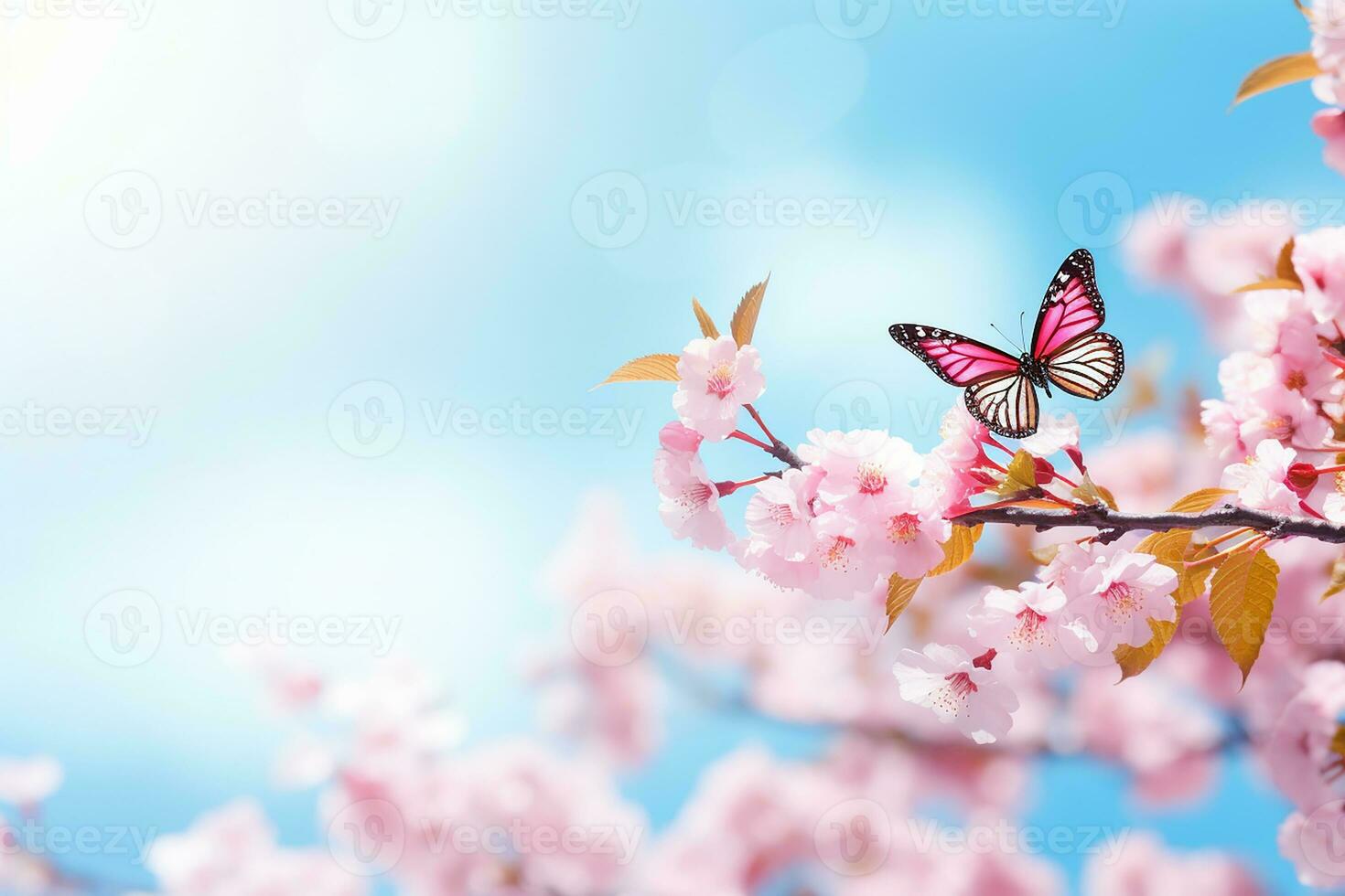 ai generiert blühen Kirsche gegen Hintergrund von Blau Himmel und Schmetterlinge auf Natur draußen. Rosa Sakura Blumen, verträumt romantisch Bild Frühling, Landschaft Panorama, Kopieren Raum foto