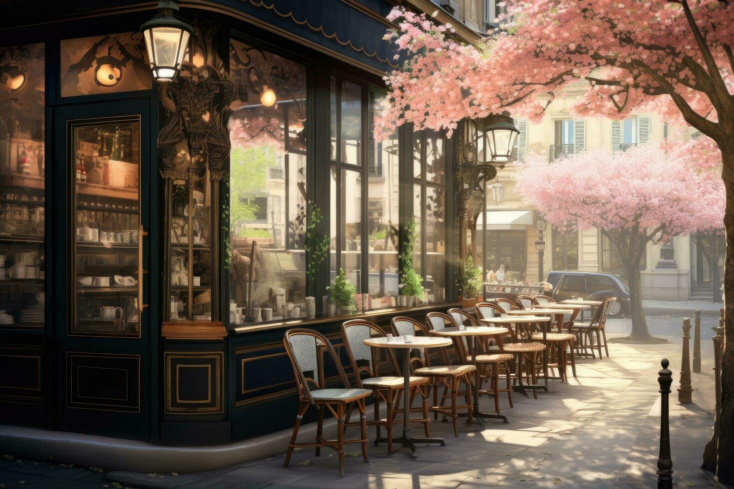 ai generiert Cafe im Paris, Frankreich. schön Aussicht von Pariser Cafe mit Rosa Blumen, ein klassisch Pariser Cafe im das Frühling Morgen, ai generiert foto
