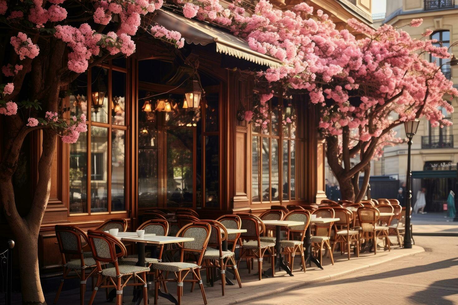 ai generiert Cafe im Paris, Frankreich, mit Rosa Kirsche Blüten, ein klassisch Pariser Cafe im das Frühling Morgen, ai generiert foto