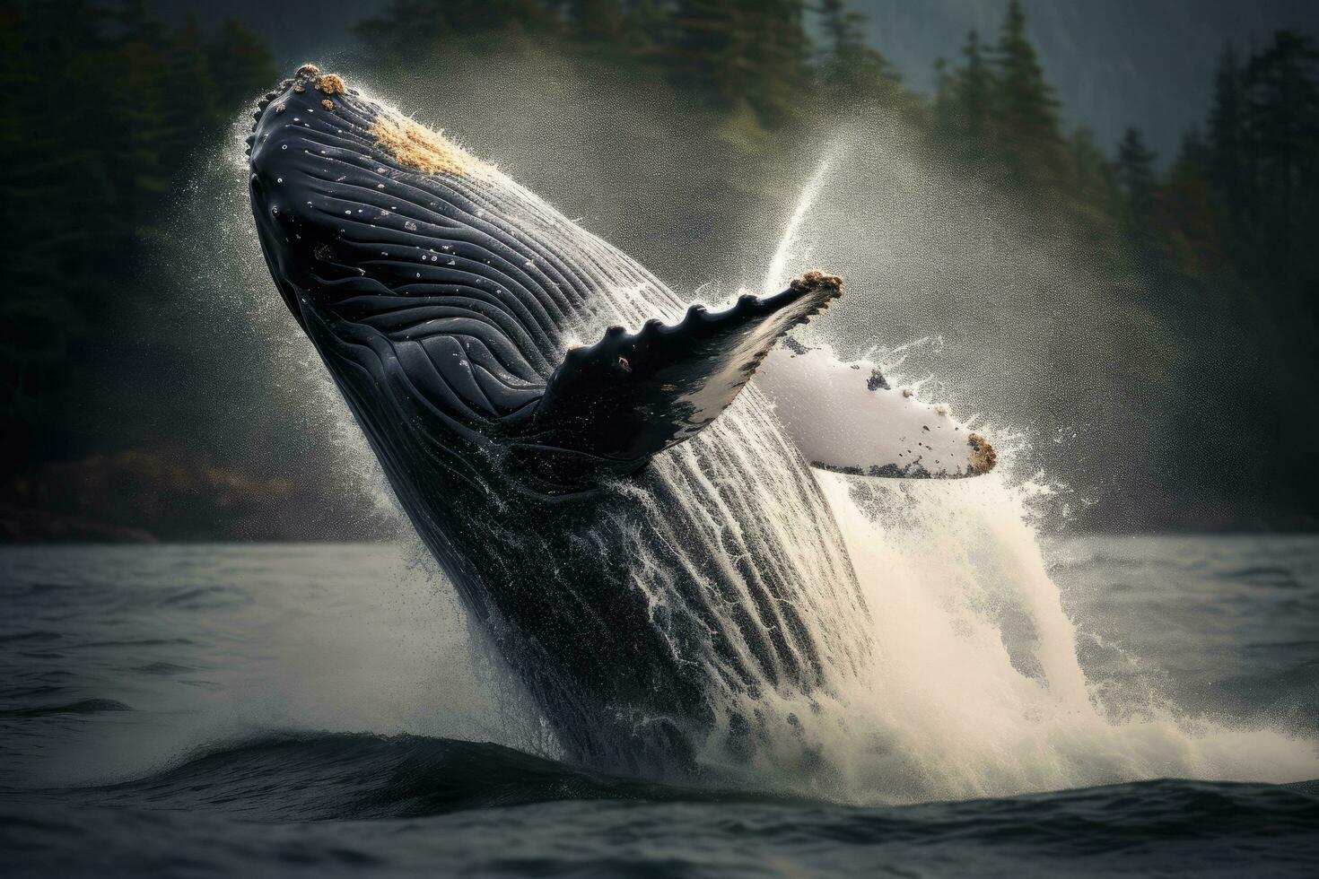 ai generiert Buckel Wal planschen im das Ozean. Alaska. USA, Buckel Wal Springen aus von das Wasser, ai generiert foto