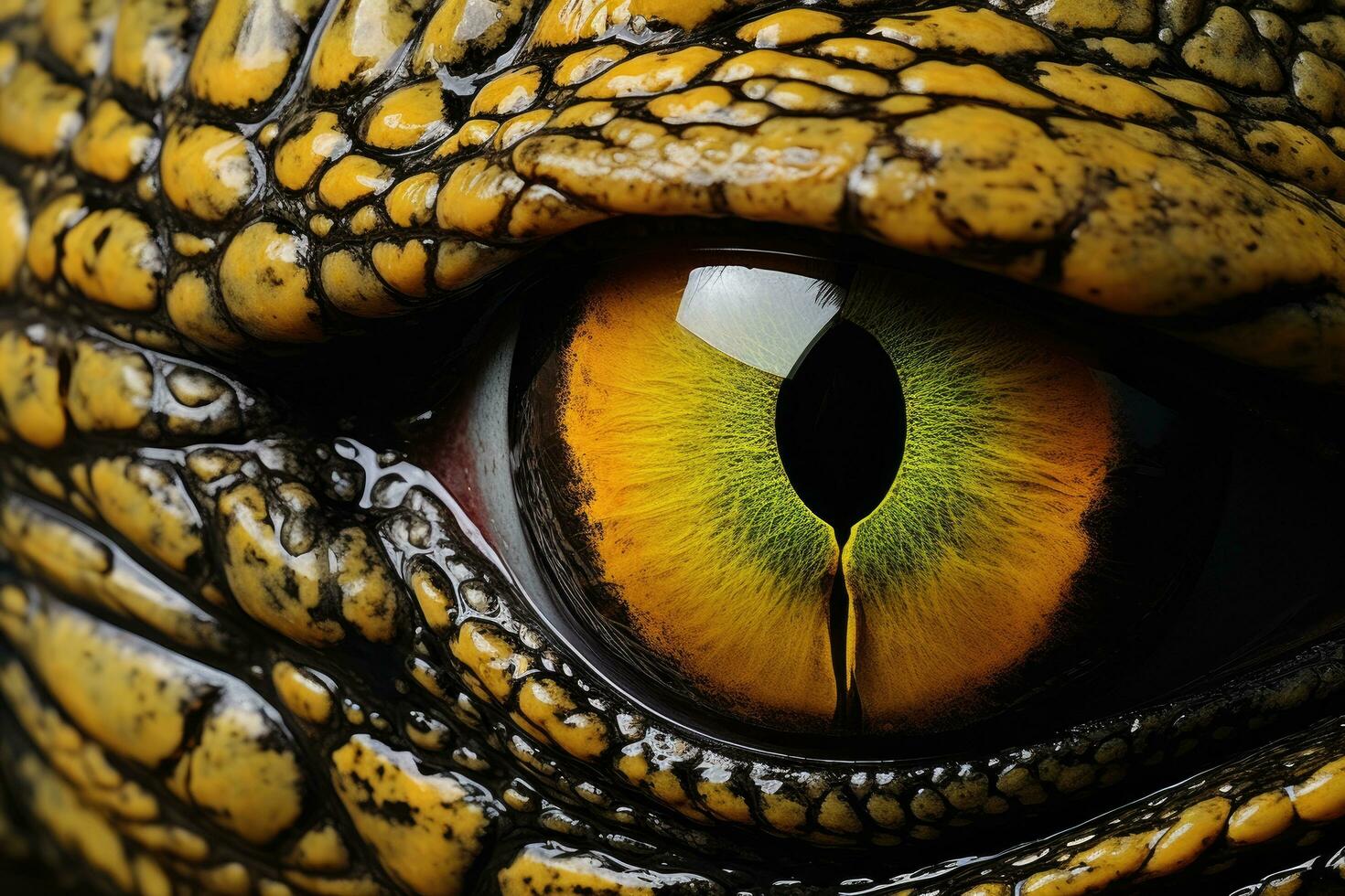 ai generiert schließen oben von Krokodile Auge. Makro Schuss von Reptil, Markieren das Gelb Auge von ein Krokodil im ein Nahaufnahme, ai generiert foto