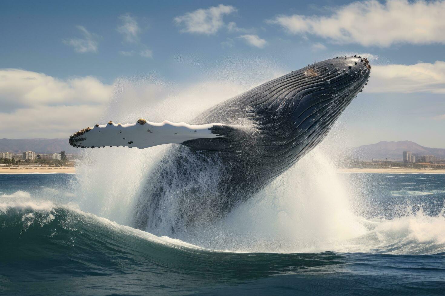 ai generiert Buckel Wal springt aus von das Wasser beim Sonnenuntergang, Kalifornien, Buckel Wal Springen aus von das Wasser, ai generiert foto