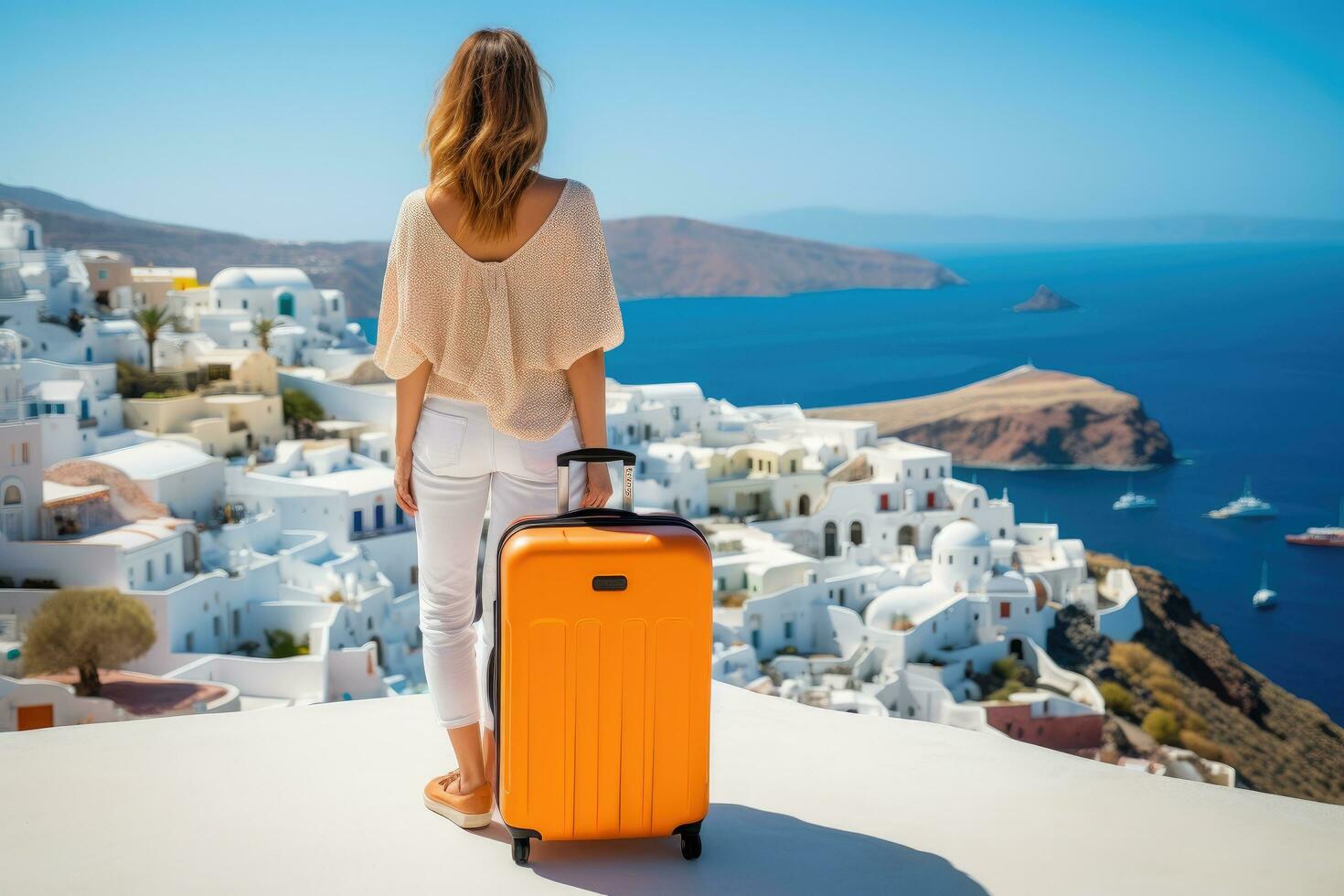 ai generiert jung Frau mit Orange Koffer Reisen auf Santorini Insel, Griechenland, glücklich Moment mit ein jung Frau Rückseite Aussicht Tourist mit Orange Gepäck im Santorini Insel, Griechenland, ai generiert foto