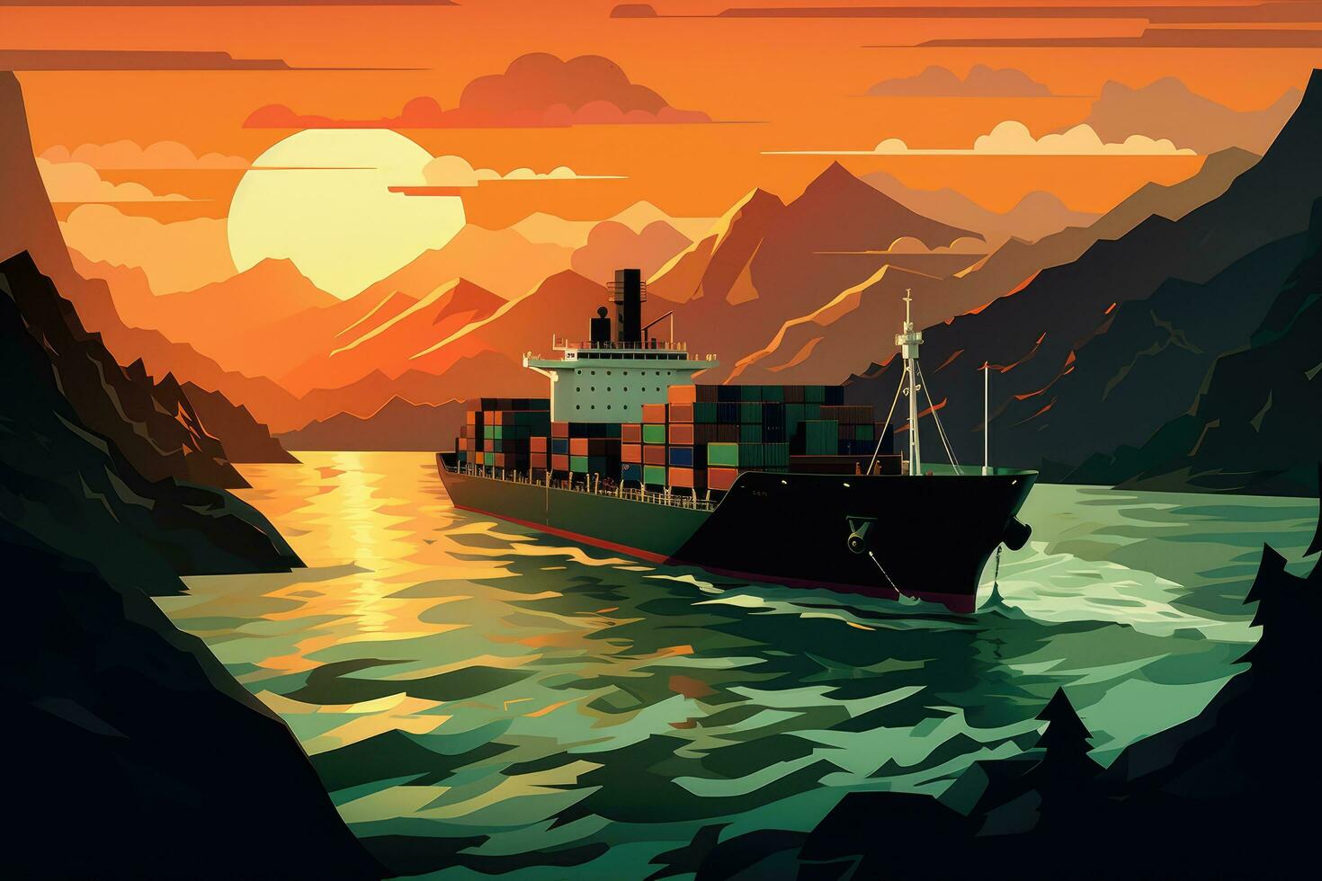 ai generiert Vektor Illustration von ein Ladung Schiff im das Meer beim Sonnenuntergang. Fracht Transport, Illustration von ein Container Schiff Vorbeigehen durch das Panama Kanal, ai generiert foto