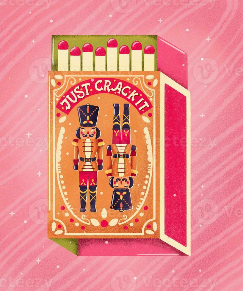 zwei bunt Nussknacker auf ein Streichholzschachtel mit Hand Beschriftung auf ein Rosa Hintergrund. bunt festlich Winter fröhlich Weihnachten Illustration foto