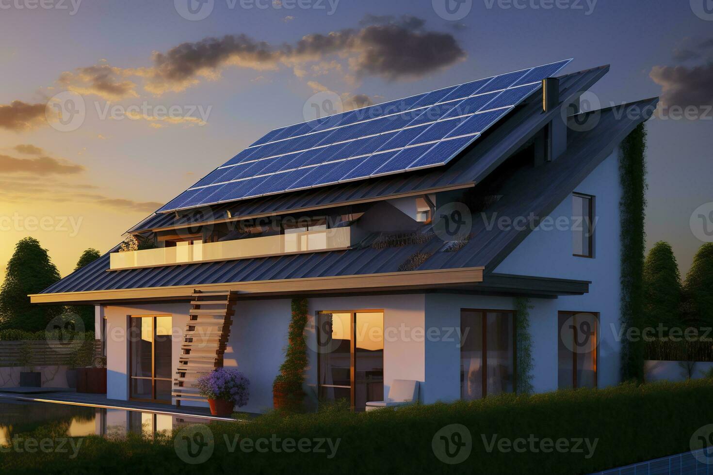 ai generiert modern Haus mit Blau Solar- Paneele auf das Dach. Ende von das Tag, Sonnenuntergang. ai generiert foto