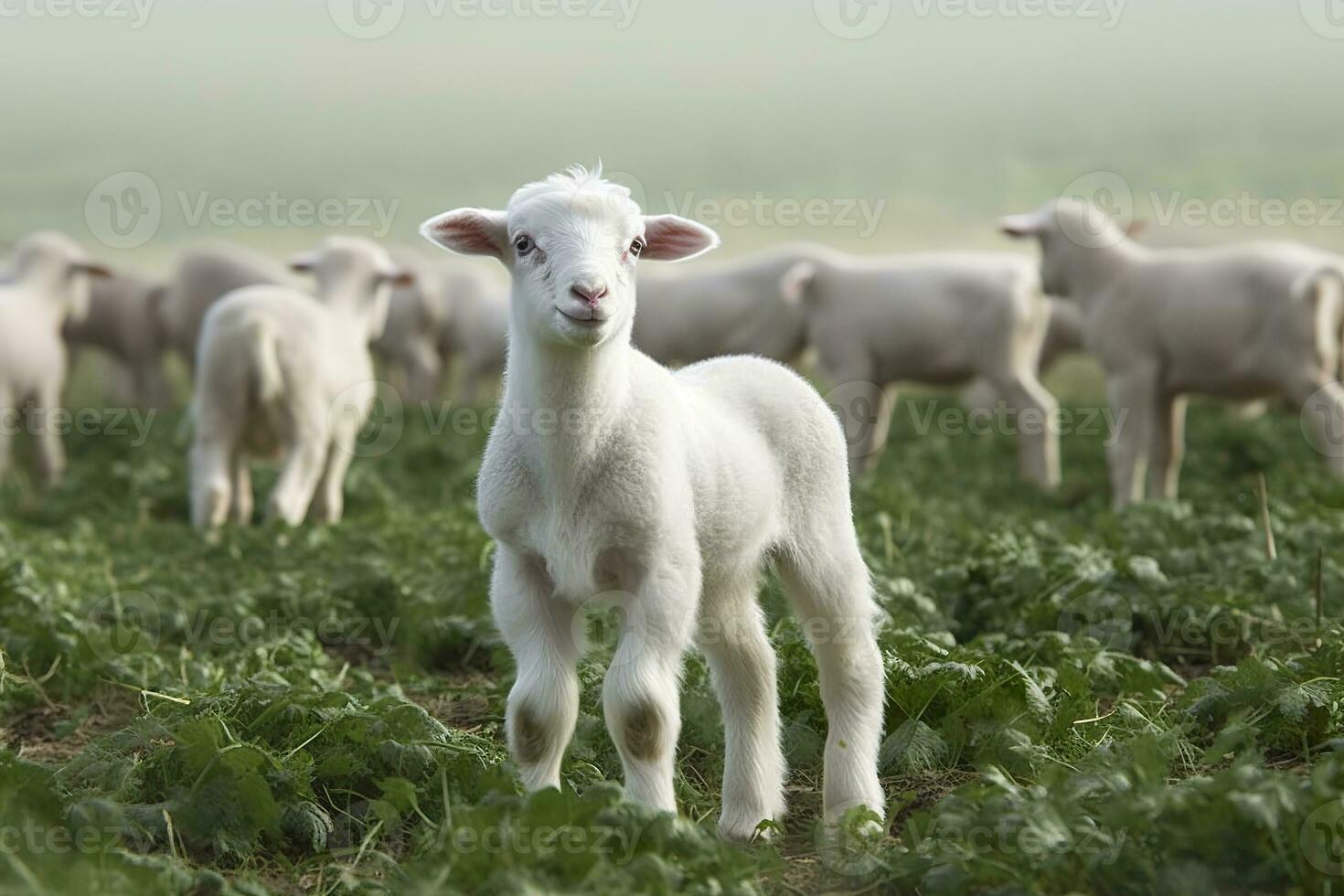 ai generiert Weiß Lamm im ein Feld im Vorderseite von andere Tiere. generativ ai foto