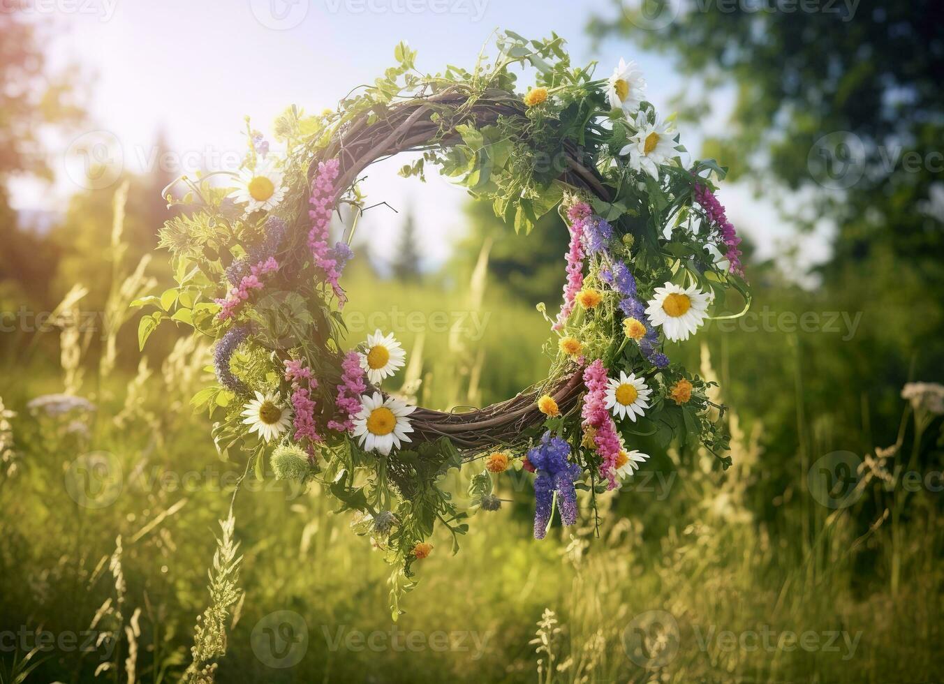 ai generiert rustikal Wildblumen Kranz auf ein sonnig Wiese. Sommer- Sonnenwende Tag, Hochsommer- Konzept. generativ ai foto