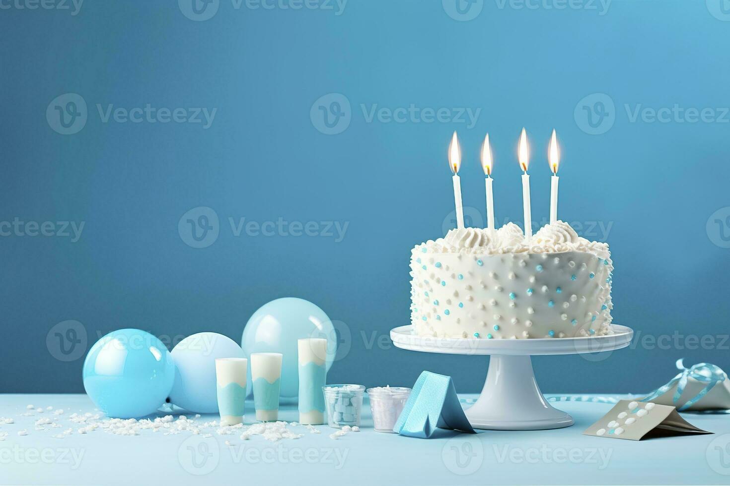 ai generiert Geburtstag Kuchen mit Kerzen und Süßigkeiten auf Weiß Tabelle in der Nähe von Blau Mauer. generativ ai foto