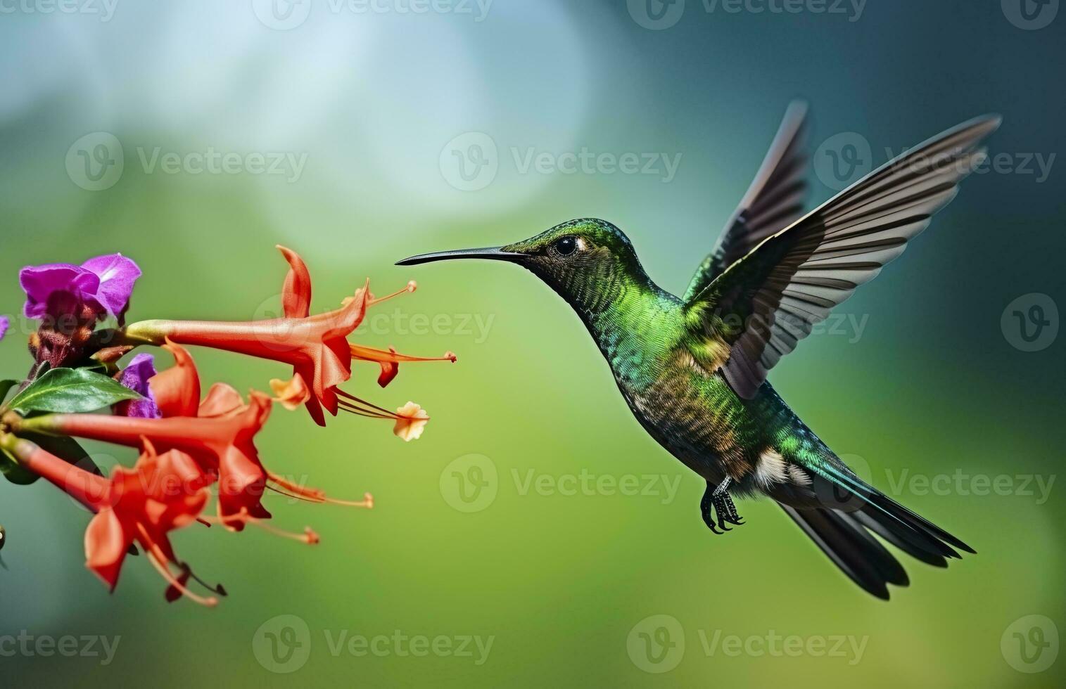 ai generiert Kolibri Vogel fliegend Nächster zu ein schön rot Blume mit Regen. ai generiert foto