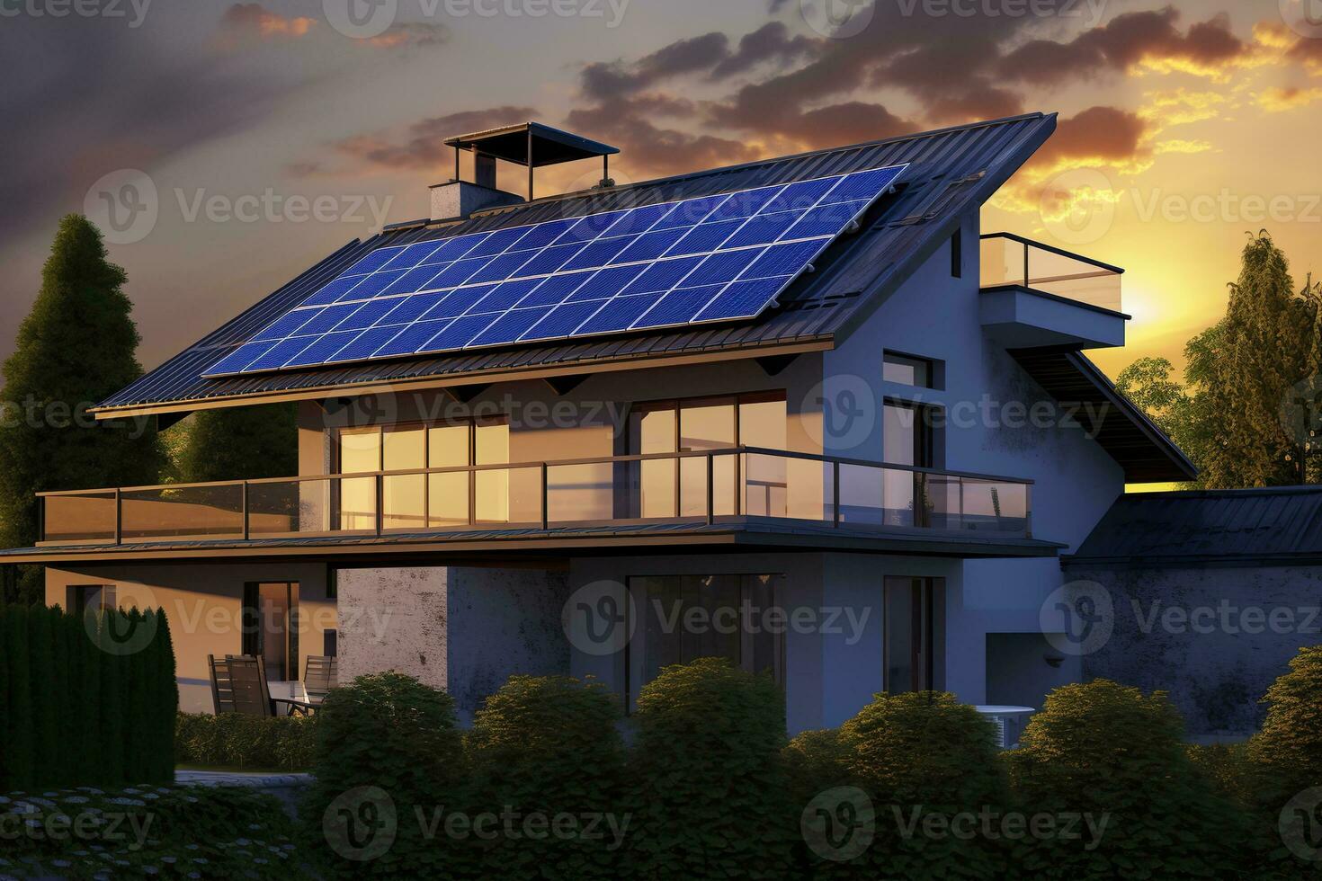 ai generiert modern Haus mit Blau Solar- Paneele auf das Dach. Ende von das Tag, Sonnenuntergang. ai generiert foto