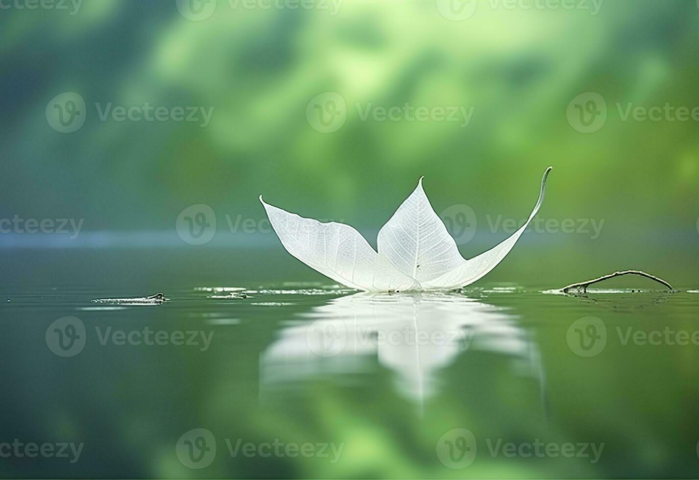 ai generiert Weiß transparent Blatt auf Spiegel Oberfläche mit Betrachtung auf Grün Hintergrund Makro. generativ ai foto