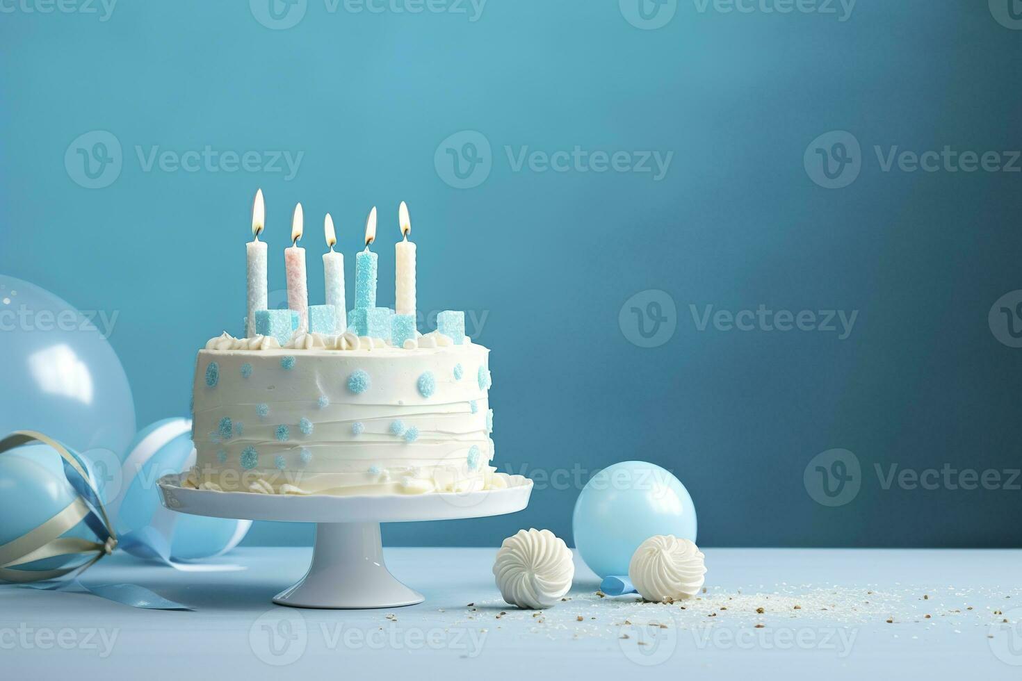 ai generiert Geburtstag Kuchen mit Kerzen und Süßigkeiten auf Weiß Tabelle in der Nähe von Blau Mauer. generativ ai foto