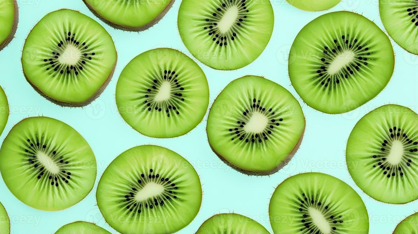 ai generiert Scheiben von Kiwi Obst und Grün Minze Blätter auf ein Licht Pastell- Blau Hintergrund. ai generiert foto