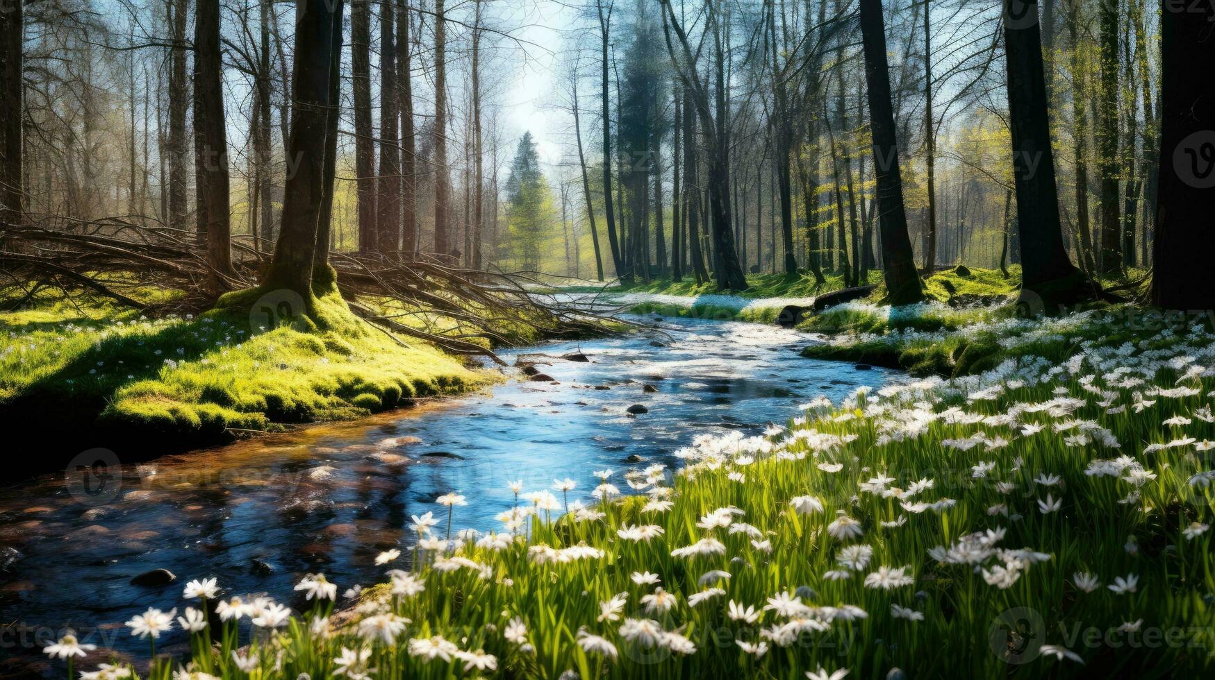 ai generiert Frühling Wald, Erwachen von Natur, zuerst Blumen foto