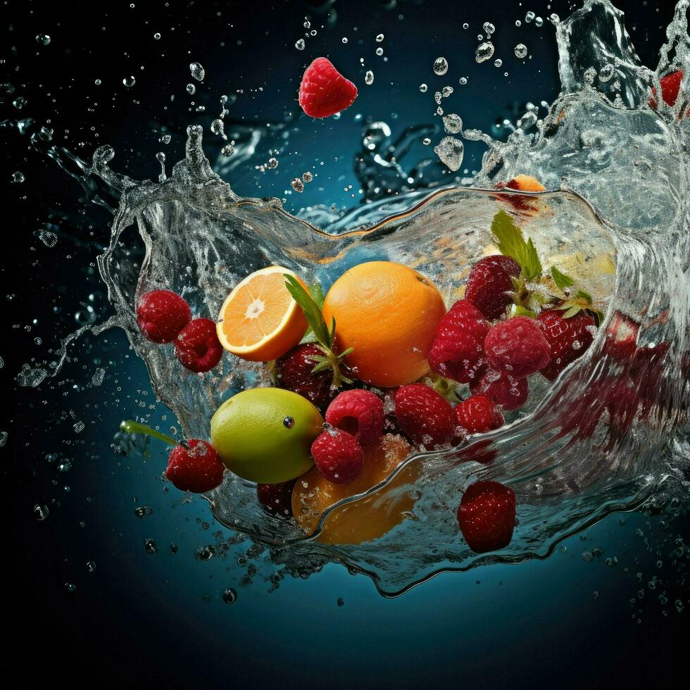 ai generiert frisch Obst planschen in klar Wasser, frisch Früchte in klar Wasser Spritzen Hintergrund ai generiert foto