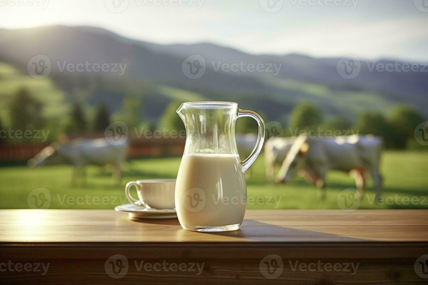 ai generiert Glas Krug mit frisch Milch auf ein hölzern Tisch. ai generiert foto