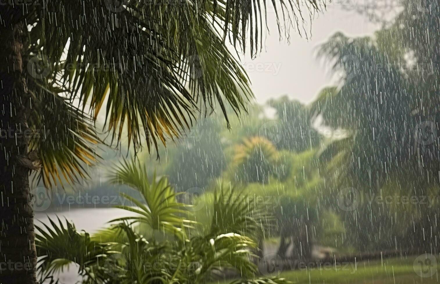 ai generiert Regen im das Tropen während das niedrig Jahreszeit oder Monsun Jahreszeit. Regentropfen im ein Garten. generativ ai foto