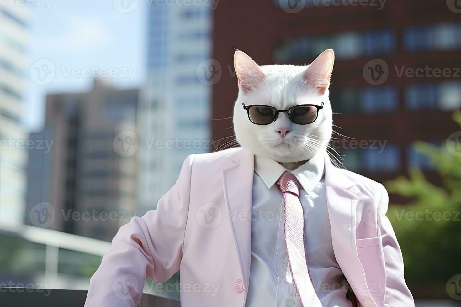 ai generiert ein Katze ist tragen Sonnenbrille, passen und Stehen auf Straße. ai generiert foto