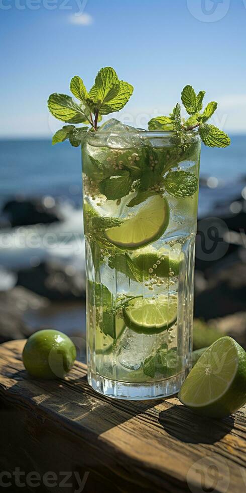 ai generiert atemberaubend Foto von Cocktail Mojito, ein sonnig Sommer- Strand im das Hintergrund. generativ ai