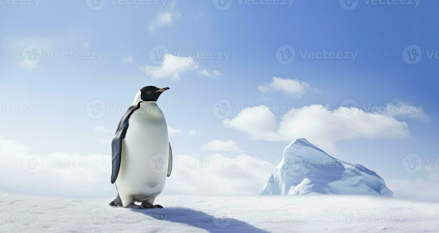 ai generiert Pinguin Stehen im Antarktis suchen in das Blau Himmel. ai generiert foto