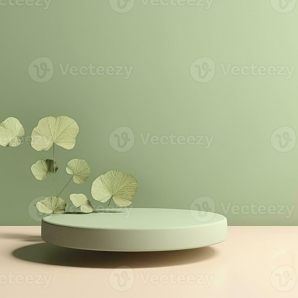 ai generiert leeren Podium mit Ginkgo biloba Blätter und Schatten auf Pastell- Grün Hintergrund. ai generiert. foto