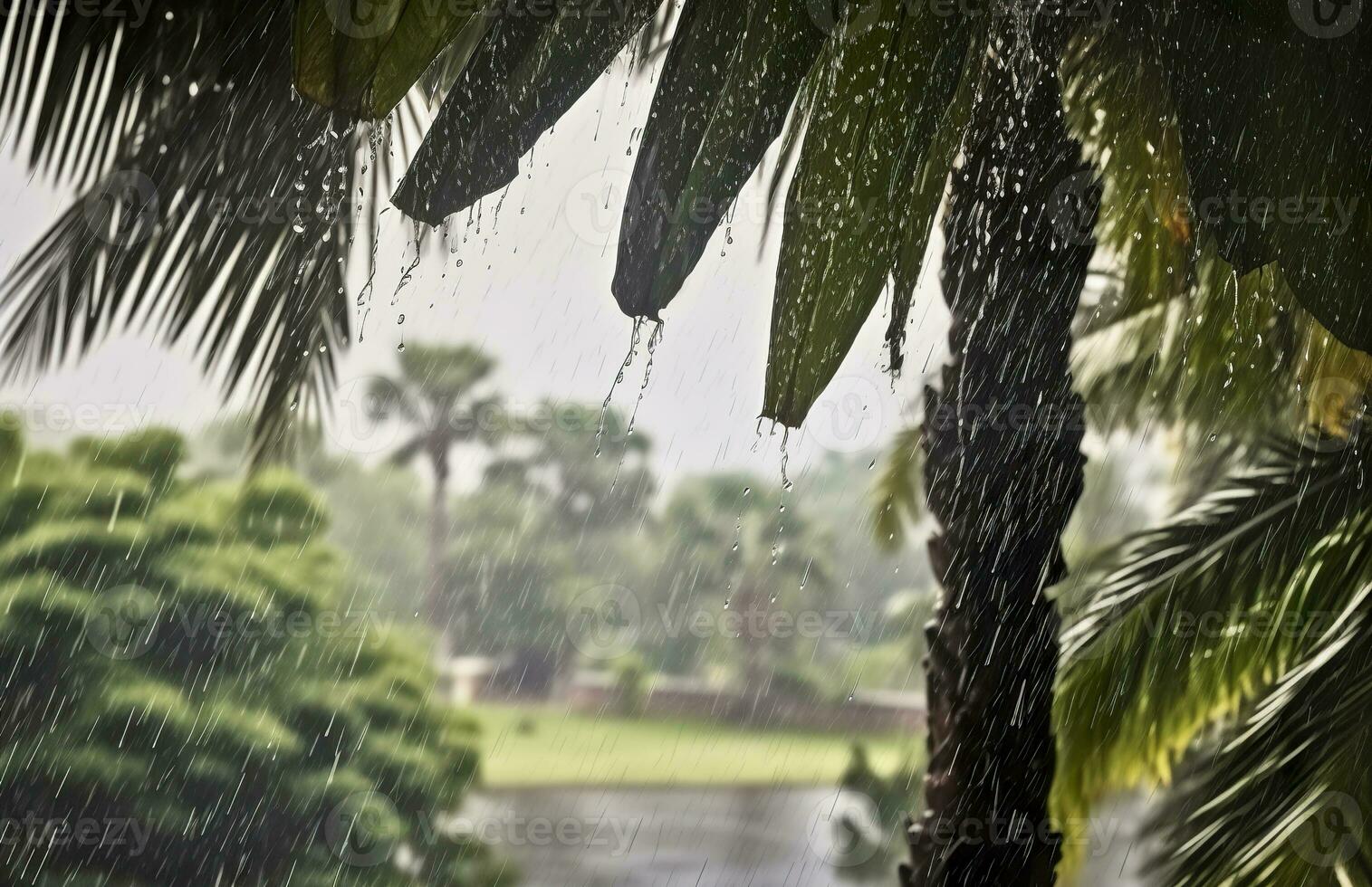 ai generiert Regen im das Tropen während das niedrig Jahreszeit oder Monsun Jahreszeit. Regentropfen im ein Garten. generativ ai foto