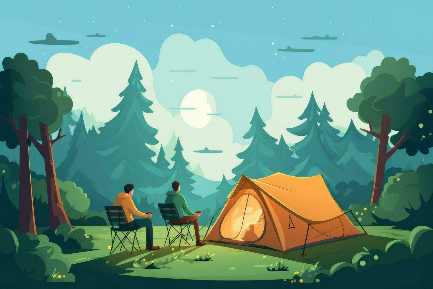 ai generiert Freund genießen ein Sommer- Camping mit Freunde, Sie sind suchen beim Kamera und lächelnd, freunde genießen ein Sommer- Camping ai generiert foto