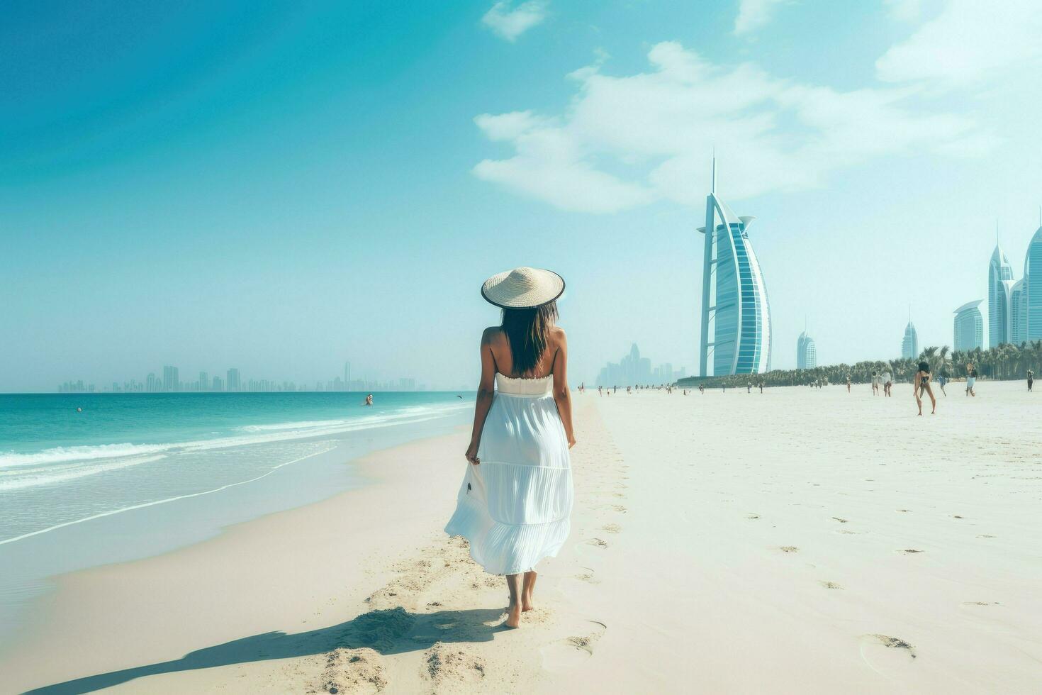 ai generiert schön jung Frau ist Gehen auf das Strand im Dubai ai generiert foto