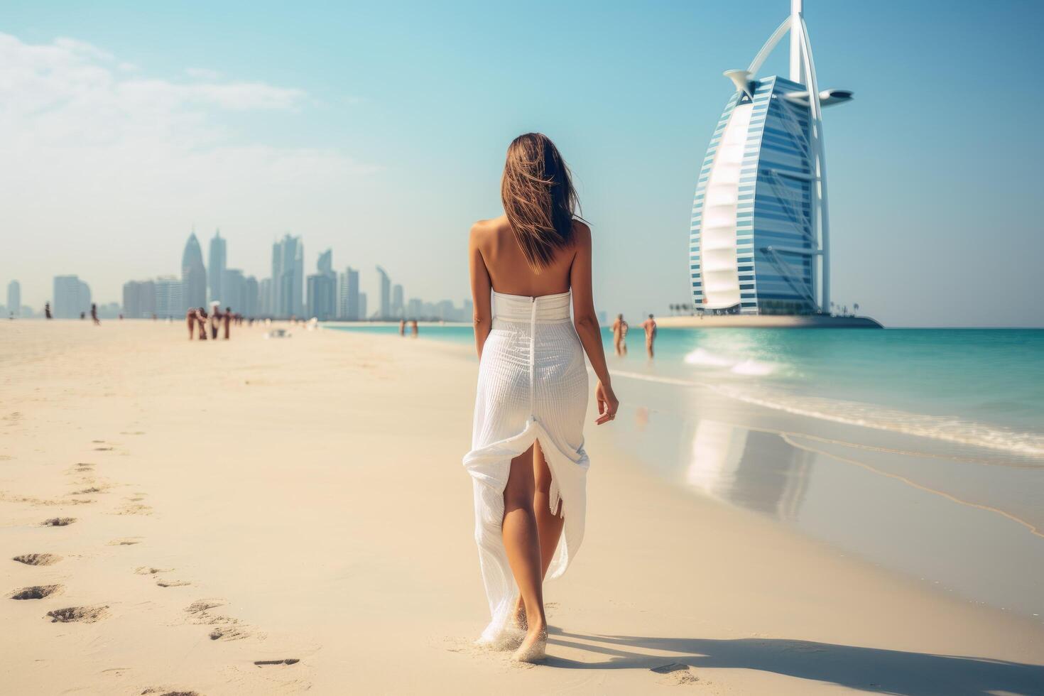 ai generiert schön jung Frau ist Gehen auf das Strand im Dubai ai generiert foto