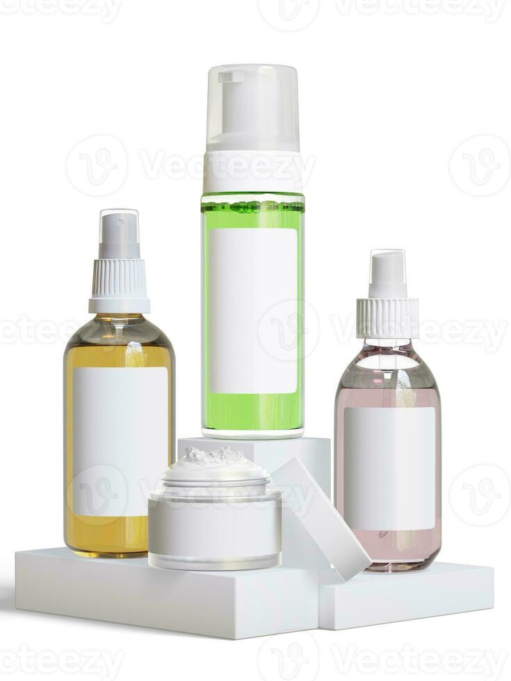 realistisch kosmetisch Flasche Weiß Hintergrund, Flüssigkeit kosmetisch Flasche, 3d Rendern foto