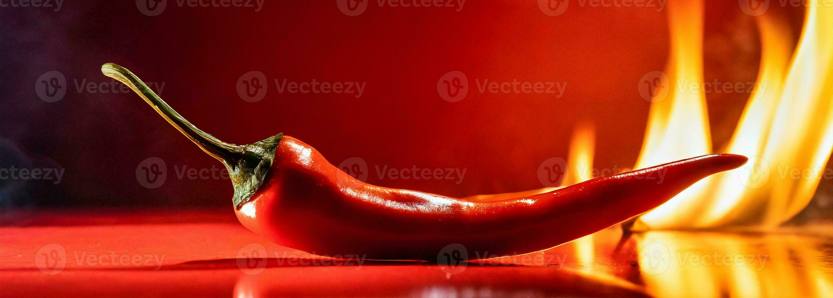 ai generiert ein rot heiß Chili Pfeffer brennt gegen ein rot Hintergrund foto