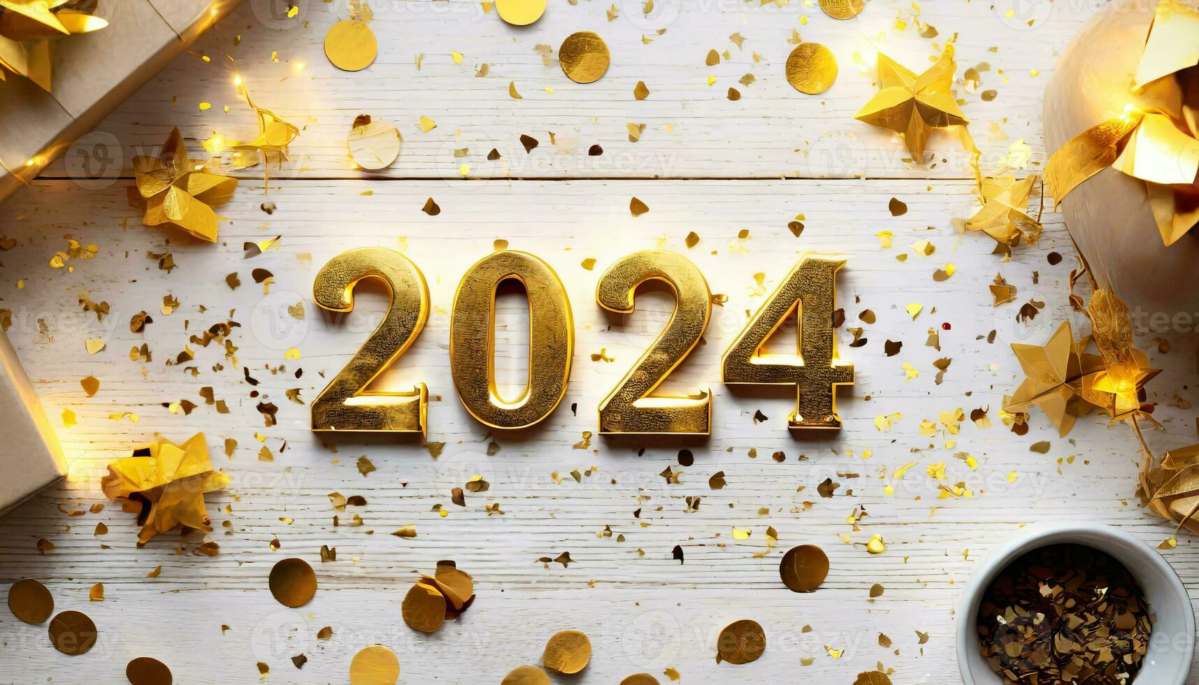ai generiert Draufsicht von golden Zahlen von das Jahr 2024 Lügen auf ein Weiß rustikal hölzern Tabelle foto