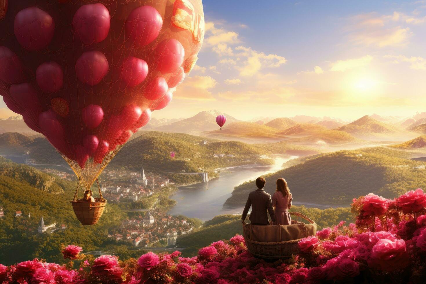 ai generiert Paar im Liebe auf das Hintergrund von ein schön Landschaft mit ein heiß Luft Ballon, ein Paar schwebend im ein heiß Luft Ballon Über ein Senke von Rosen, ai generiert foto