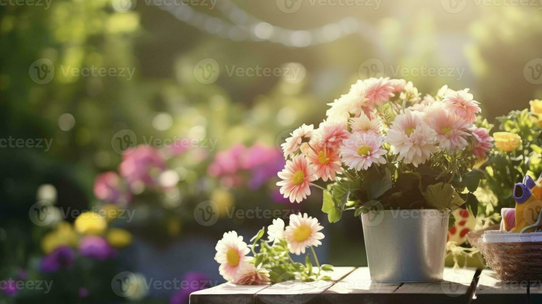 ai generiert schön Blumen im Töpfe draußen im das Garten foto