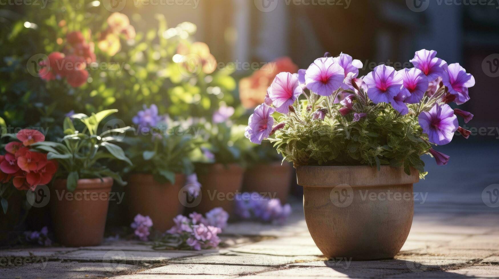 ai generiert schön Blumen im Töpfe draußen im das Garten foto