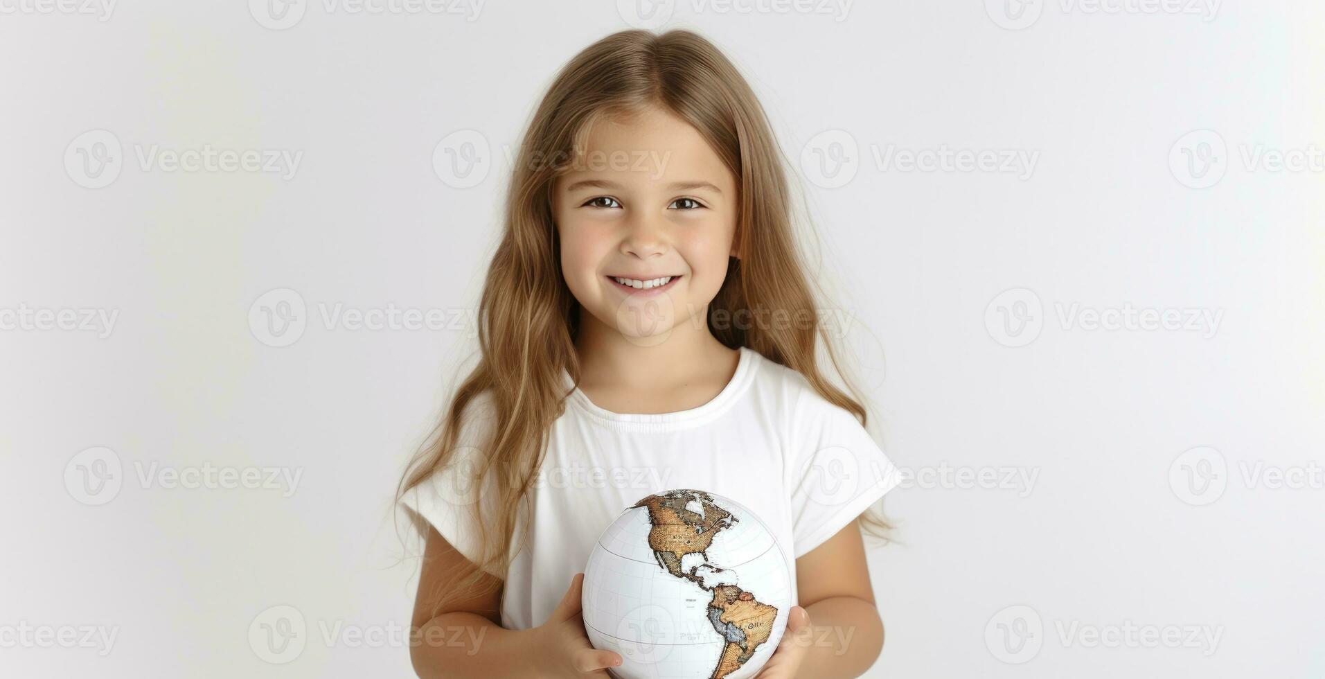 ai generiert Porträt von ein bezaubernd Mädchen halten klein Globus Planet Welt foto