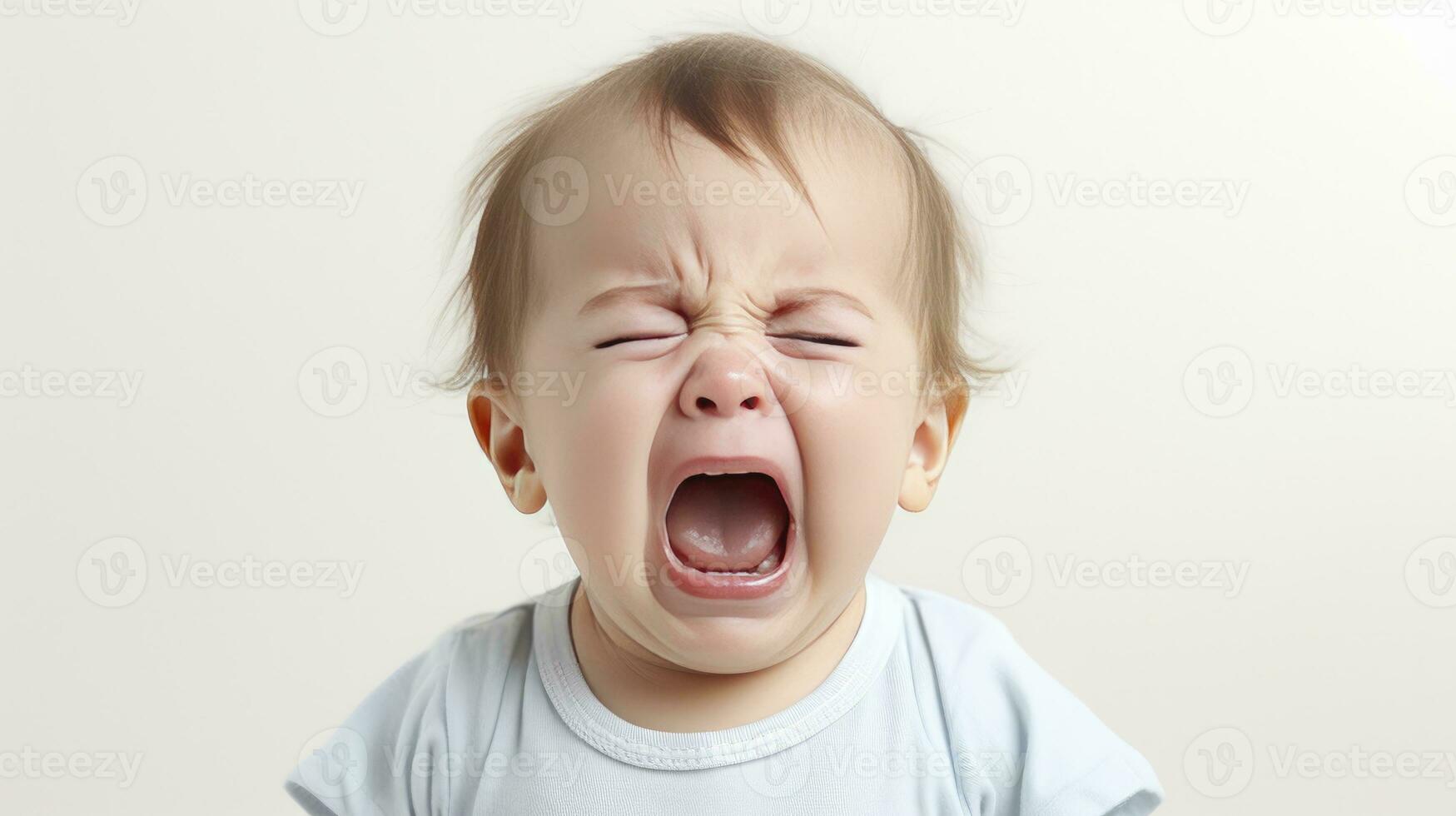 ai generiert klein Kind Baby Mädchen Kleinkind traurig Weinen auf ein Weiß Hintergrund foto