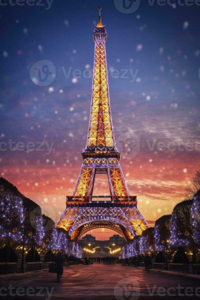 ai generiert Weihnachten Baum dekoriert mit Beleuchtung in der Nähe von das Eiffel Turm im Paris foto