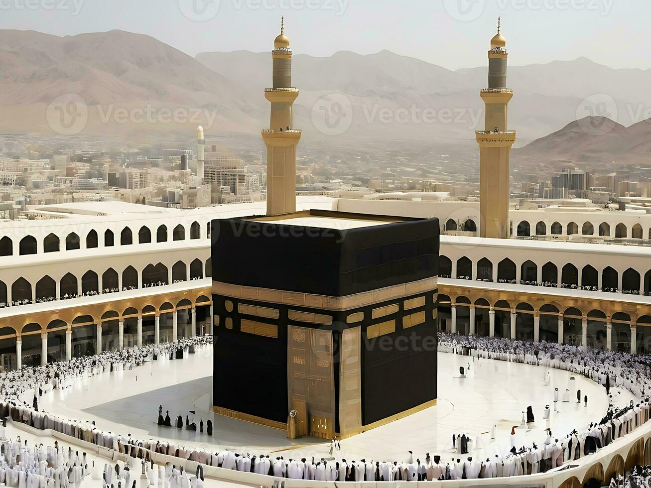 ai generiert eid Feierlichkeiten beim Kaaba Ramadan Freude im Mekka islamisch Herz foto