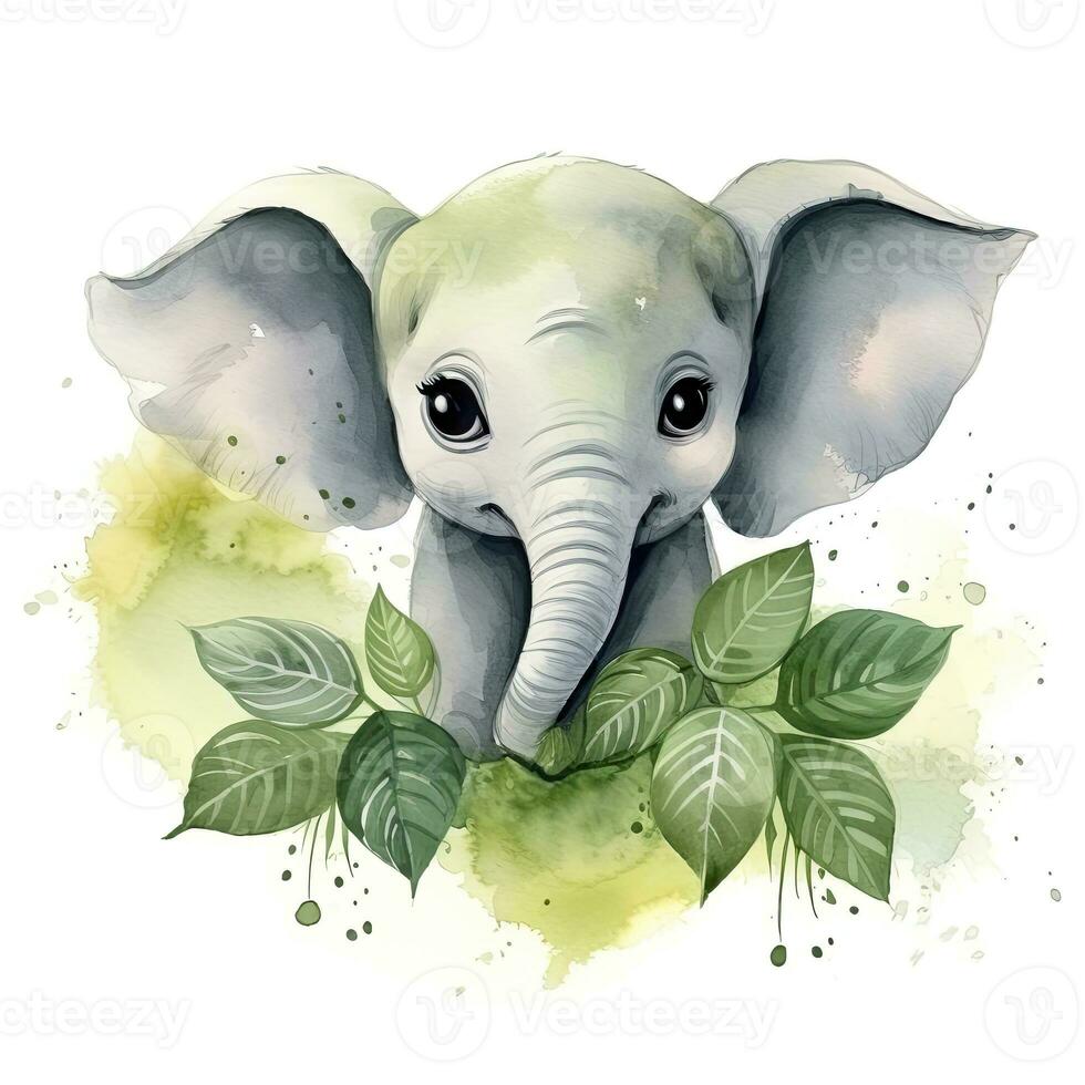 ai generiert glücklich süß Baby Elefant im Grün Blätter im das Aquarell Stil. ai generiert foto