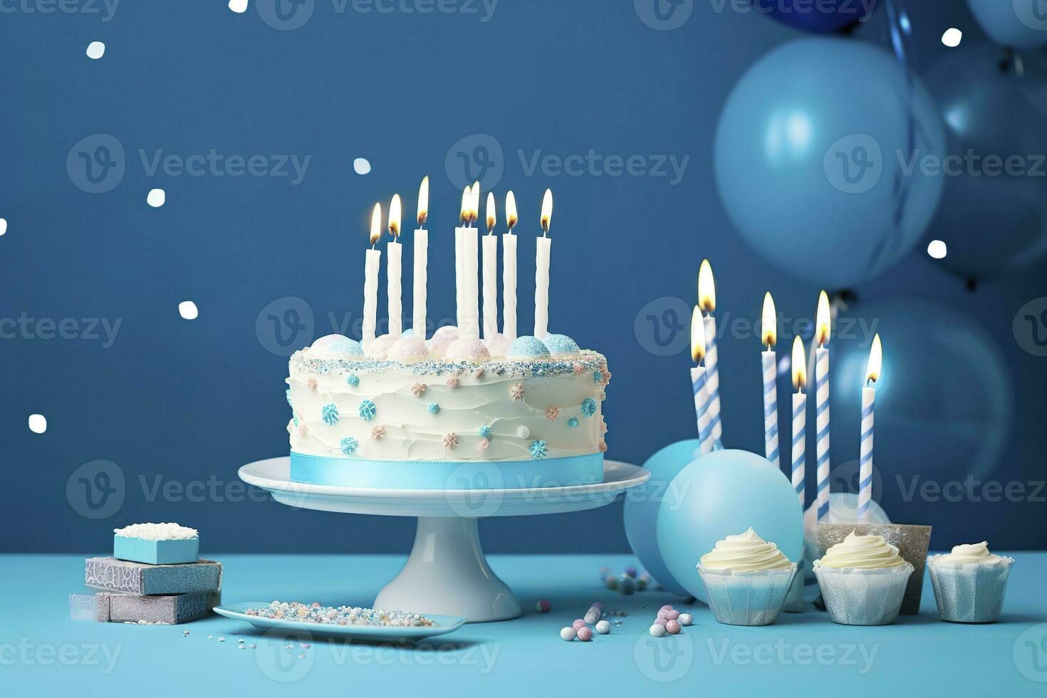 ai generiert Geburtstag Kuchen mit Kerzen und Süßigkeiten auf Weiß Tabelle in der Nähe von Blau Mauer. generativ ai foto