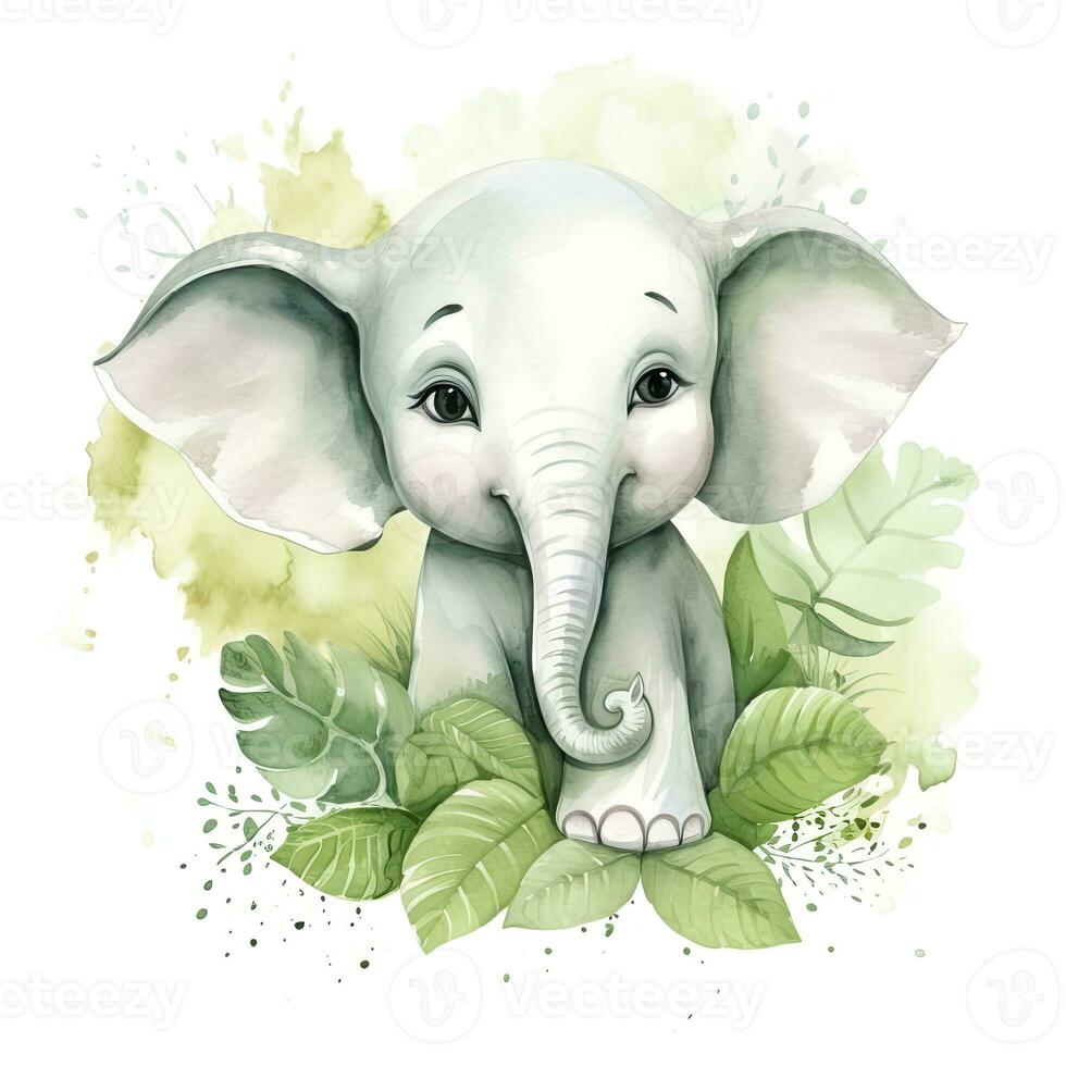 ai generiert glücklich süß Baby Elefant im Grün Blätter im das Aquarell Stil. ai generiert foto