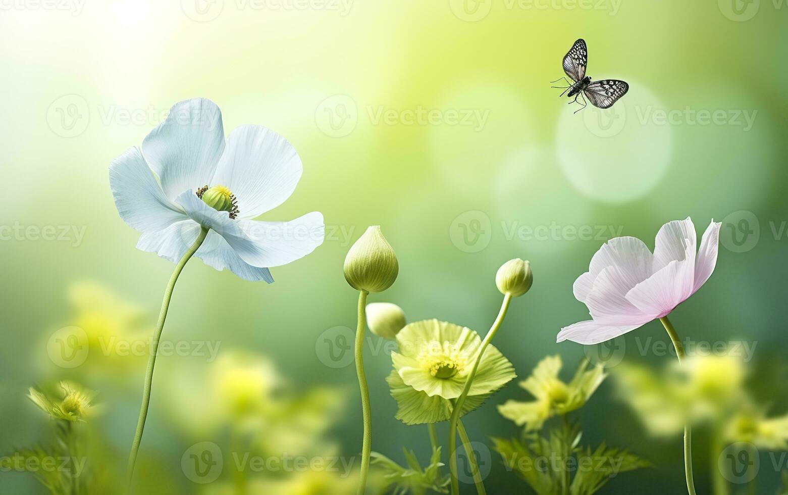 ai generiert frisch Frühling Morgen auf Natur und flattern Schmetterlinge auf ein Sanft Grün Hintergrund. generativ ai foto