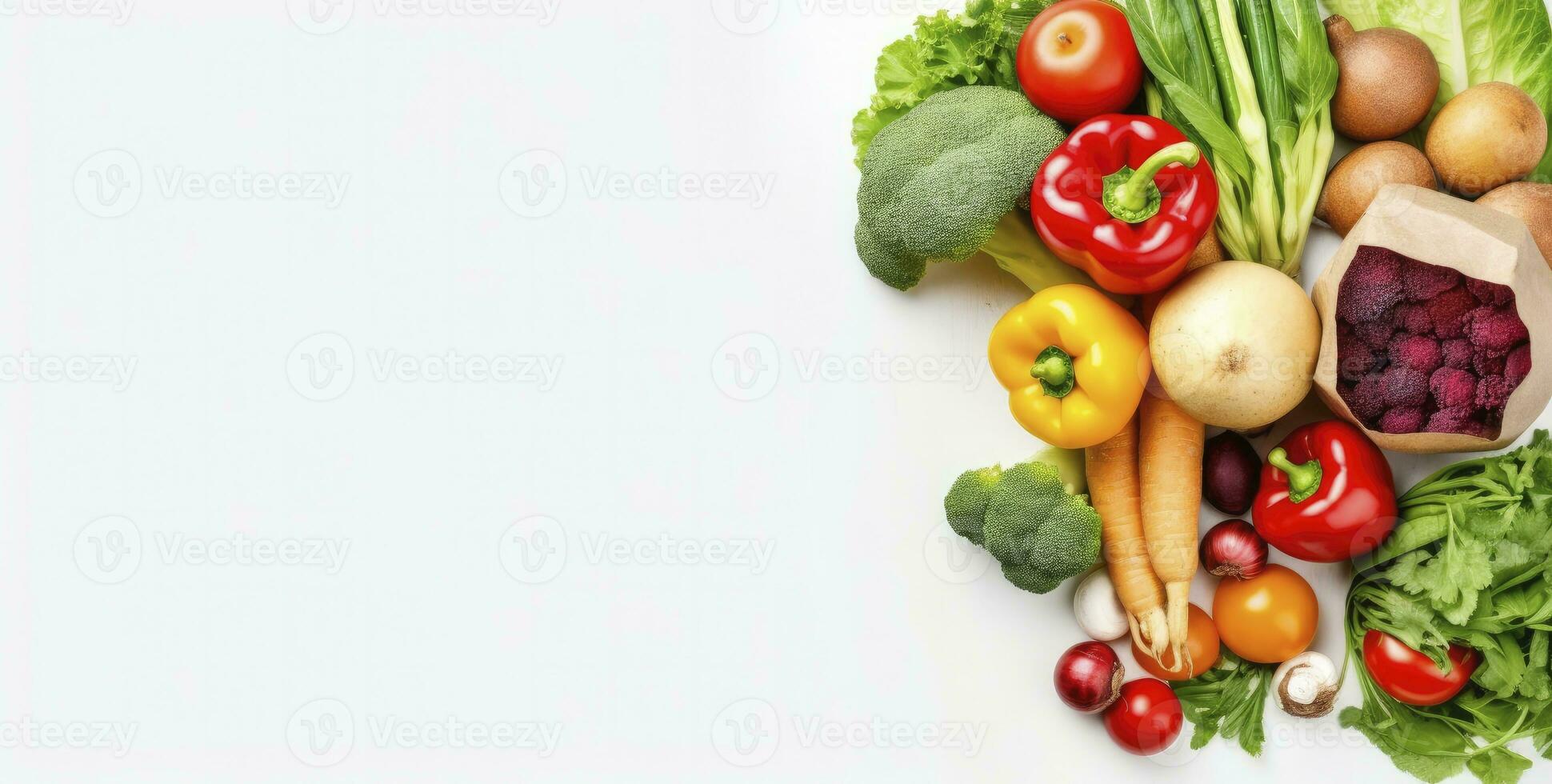 ai generiert gesund Essen im Papier Tasche Gemüse und Früchte auf Weiß Hintergrund. ai generiert foto