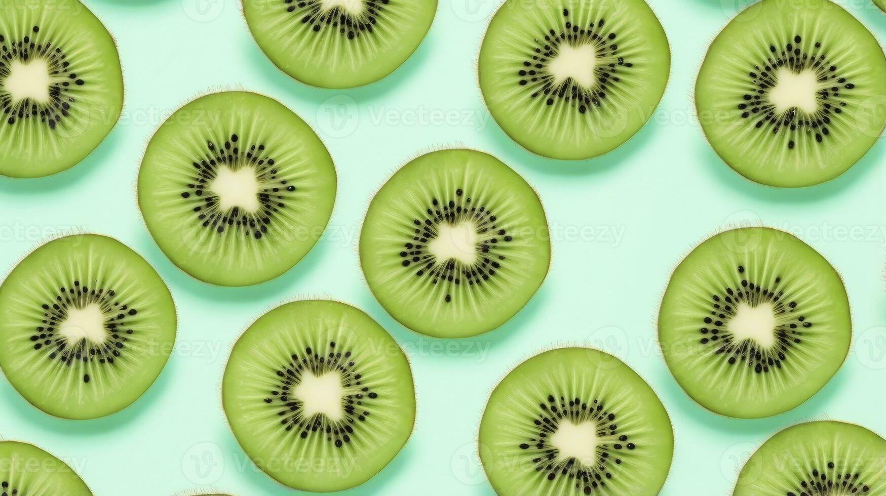 ai generiert Scheiben von Kiwi Obst und Grün Minze Blätter auf ein Licht Pastell- Blau Hintergrund. ai generiert foto