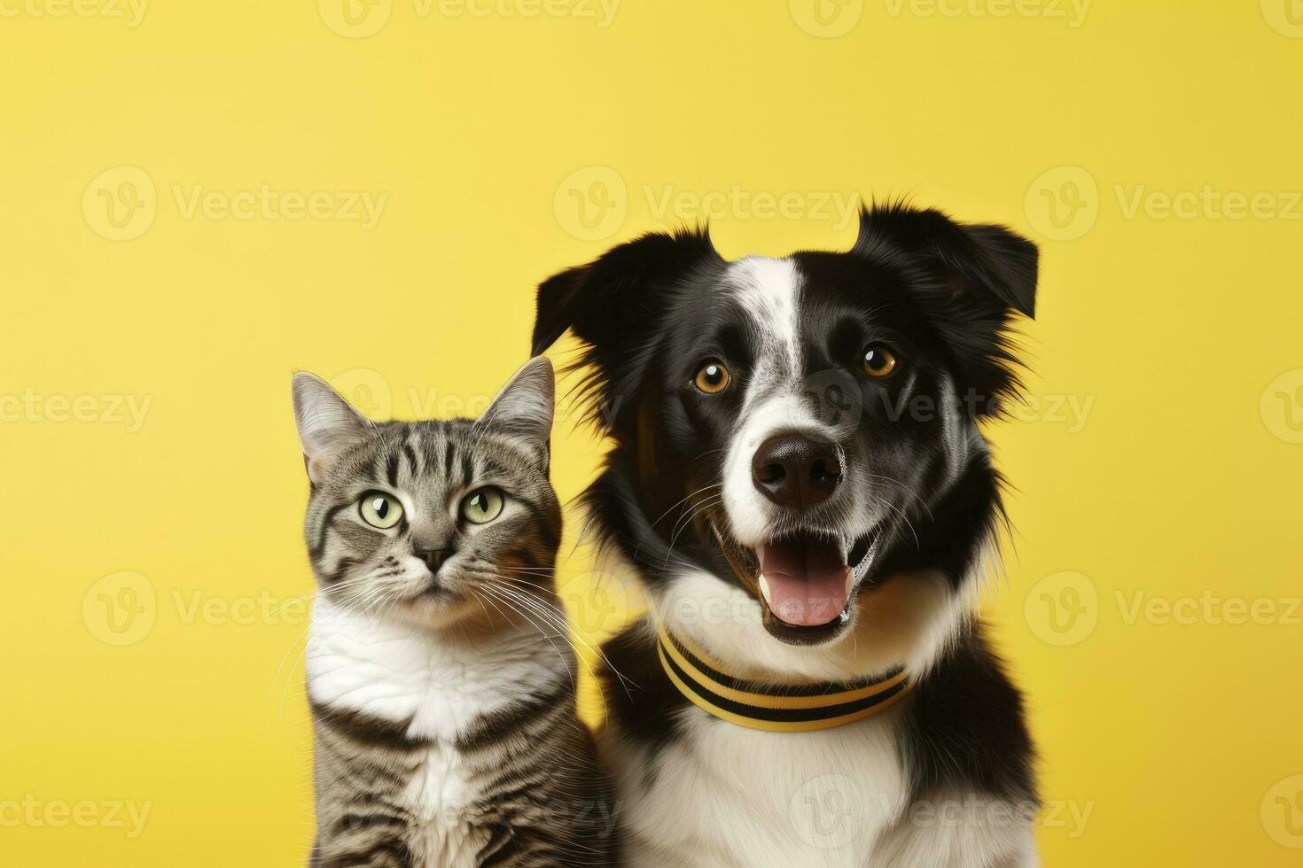 ai generiert Katze und Hund zusammen mit glücklich Ausdrücke auf Gelb Hintergrund. ai generiert foto