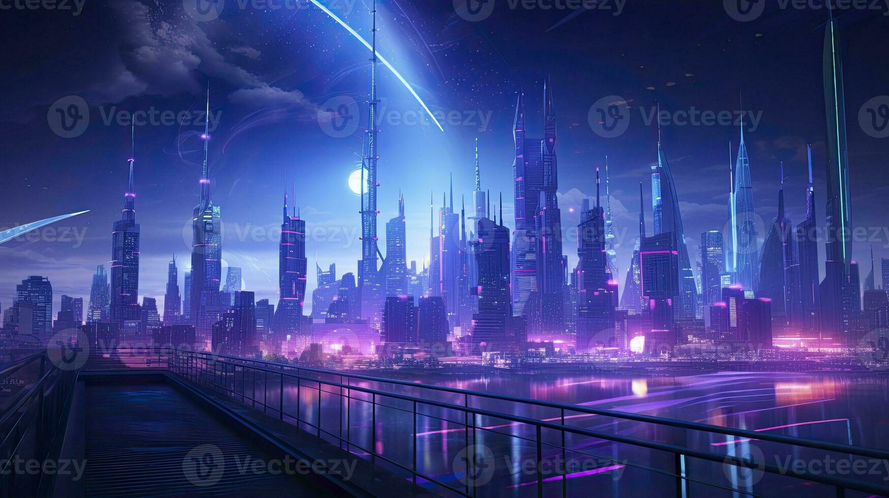 ai generiert ein futuristisch, Cyberpunk inspiriert Stadtbild beim Nacht. ai generiert foto